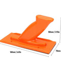 Heavy Duty Non Slip Woodworking Push Block And Safety Push Stick With Ergonomic Tilted Handle Is A Total Kickback Buster keeping your hands safe, showing dimensions and bright orange color.