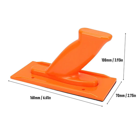 Heavy Duty Non Slip Woodworking Push Block And Safety Push Stick With Ergonomic Tilted Handle Is A Total Kickback Buster keeping your hands safe, showing dimensions and bright orange color.