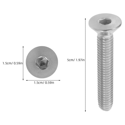 10 Piece Wear-Resistant Stainless Steel Flat Head Socket Screws Set For Furniture Assembly, side and top view dimensions shown