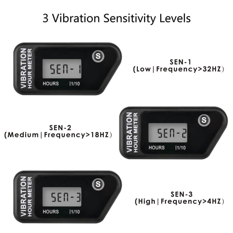 Vibration Activated Digital Hour Meter Self Powered Wireless Resettable Job Timer With User Lock For Generator Lawn Mower Motor Marine ATV And Gear That Vibrates At Work showing 3 sensitivity levels