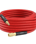 Heavy Duty Hybrid Air Hose 3/8 Inch By 25 Feet lightweight hose coiled with brass fittings, suitable for air compressors and tools.