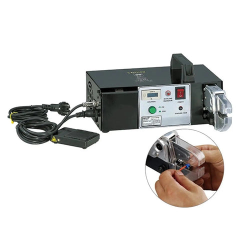 Heavy Duty Electric Terminal Crimping Machine With Seven Premium Steel Dies Fast Acting Multi Purpose Cable Tool showing controls and foot pedal.