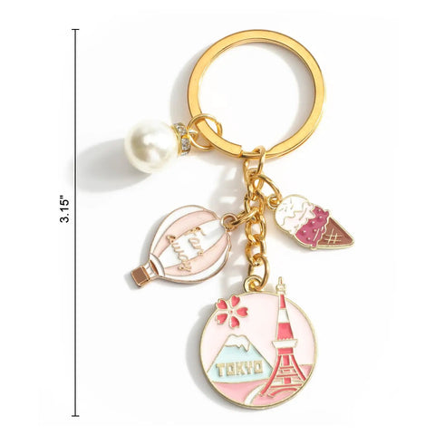 Tokyo Travel Keychain With Hot Air Balloon Ice Cream And Pearl Charms For Keys Cute Souvenir For Women Mt Fuji Silhouette Engraved Design