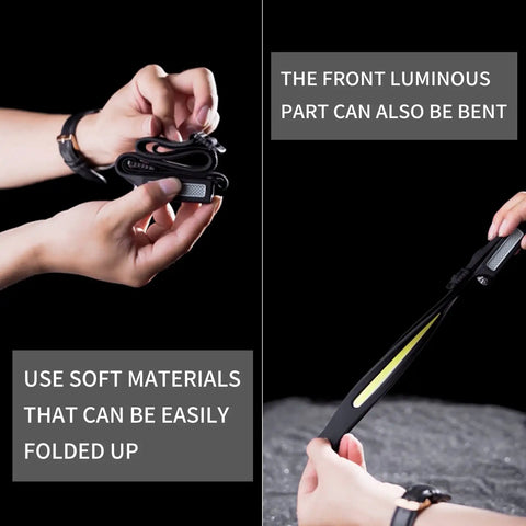Person holding flexible Two Pack Rechargeable LED Headlamp With Motion Sensor For Hands Free Night Runs, showing folding feature.