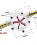 Check Clear Inline Water Flow Indicator With Rotating Impeller For 16mm Push Fit Pipes Transparent Housing detailed view with dimensions.