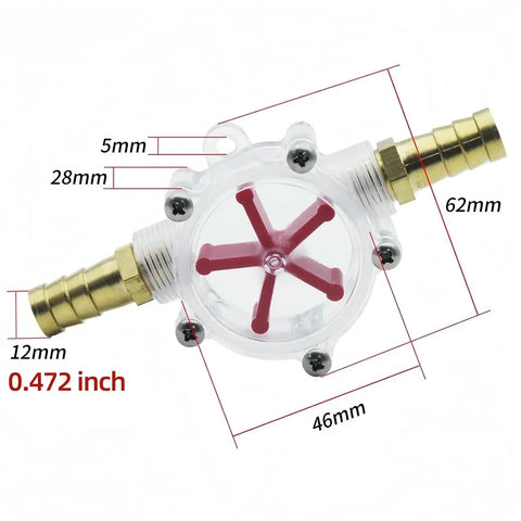 Check Clear Inline Water Flow Indicator With Rotating Impeller For 16mm Push Fit Pipes Transparent Housing detailed view with dimensions.