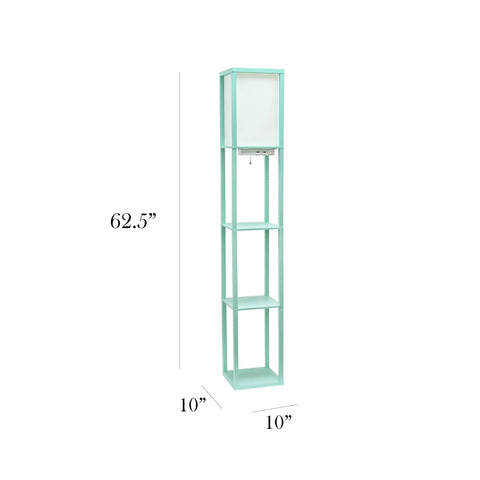 Aqua Floor Lamp Etagere Organizer With Three Shelves And Linen Shade Built In USB Ports And Outlet Under Shade For Easy