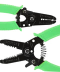Portable Wire Stripper Pliers With Soft Grips Rapidly Strips Copper Jacketing Ace Tool Belt Pick showing black steel body and green grips.