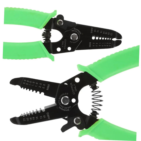 Portable Wire Stripper Pliers With Soft Grips Rapidly Strips Copper Jacketing Ace Tool Belt Pick showing black steel body and green grips.