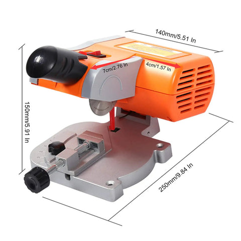 Solid 2 Inch Mini Benchtop Miter Saw with 9 Amp motor and compact design for precise crosscuts and angled trims up to 45 degrees.