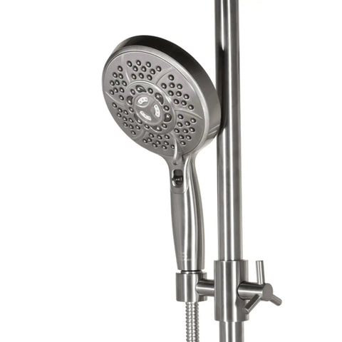HomeStock Modern Brushed Nickel Shower System with Adjustable Slide Bar and Multi-Function Handheld Shower head close-up view.
