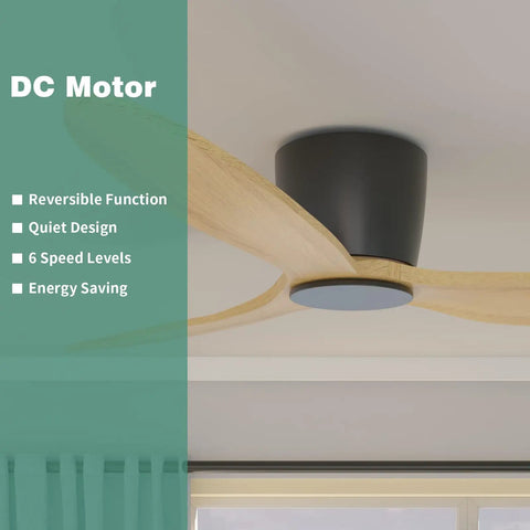 No Light 52 Inch Ceiling Fan With Remote, low profile flush mount, natural wood finish blades, 6 speed reversible DC motor shown