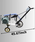 Yokoma Hand Push Sand Belt Machine For Weld Grinding showing dimensions 45.67x34x21.4 inches, portable with motor and drive wheel.