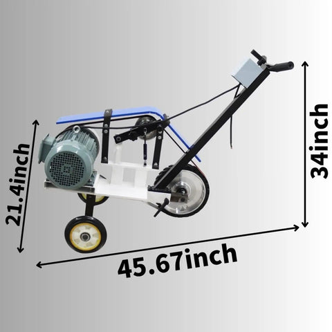 Yokoma Hand Push Sand Belt Machine For Weld Grinding showing dimensions 45.67x34x21.4 inches, portable with motor and drive wheel.