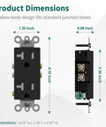 Decorative Receptacle Outlet, Tamper Resistant Decorator Wall Outlet, 20 Amp 125 Volt Grounding, UL Listed, Black, dimensions diagram.