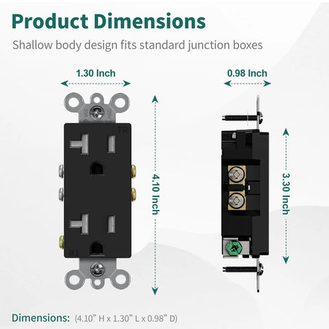 Decorative Receptacle Outlet, Tamper Resistant Decorator Wall Outlet, 20 Amp 125 Volt Grounding, UL Listed, Black, dimensions diagram.