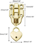 Antique Cabinet Duckbilled Toggle Hasp Latch And Heart Shaped Padlock Kit gold finish with measurements for jewelry boxes