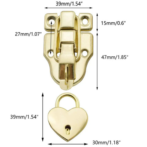 Antique Cabinet Duckbilled Toggle Hasp Latch And Heart Shaped Padlock Kit gold finish with measurements for jewelry boxes