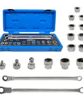 Flex Head Ratcheting Wrench Set 8 To 22 Mm Metric with storage box, 72 tooth, extra long double box end, 17 pieces displayed