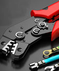 No Sweat Ratcheting Wire Crimping Tool With Auto Release Handle And Chrome Moly Jaws for 23-16 AWG with connectors.
