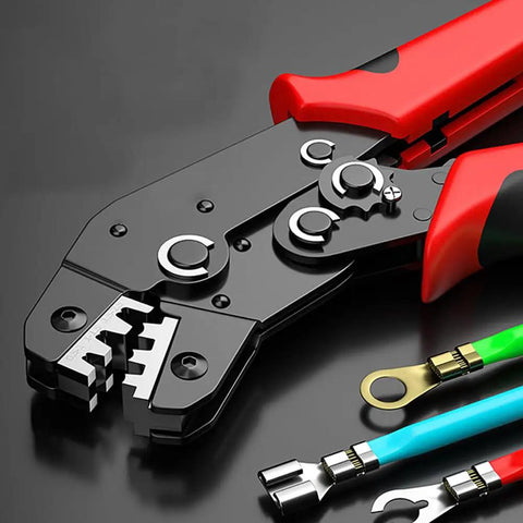 No Sweat Ratcheting Wire Crimping Tool With Auto Release Handle And Chrome Moly Jaws for 23-16 AWG with connectors.