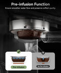 58mm Professional Espresso Machine With 15 Bar Pump showing pre-infusion function with coffee grounds in filter