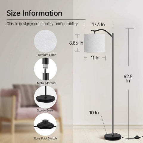 Diagram of Dope Modern LED Arched Floor Lamp With Natural Linen Shade, showing size and features like metal material and footswitch.