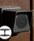 Heavy Duty Stainless Steel Decorative Deadbolt Cover Plate For Entry Doors With Slick Black Round Filler on a door, highlighting its clean design.