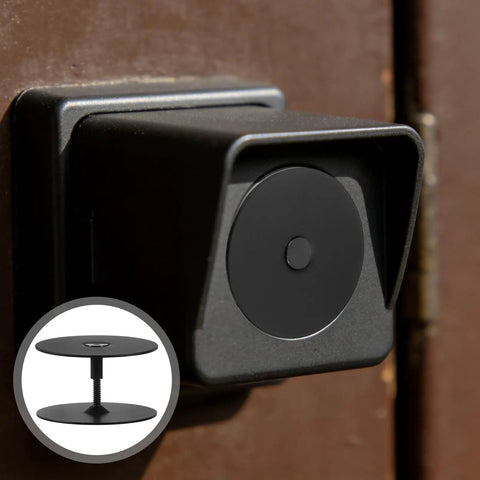 Heavy Duty Stainless Steel Decorative Deadbolt Cover Plate For Entry Doors With Slick Black Round Filler on a door, highlighting its clean design.