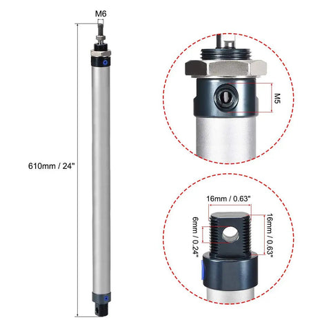 Heavy Duty Pneumatic Air Cylinder MAL16 500mm Stroke, 16mm Bore, M6 Piston Rod Thread, Aluminum Alloy Body with dimensions diagram