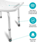 Close-up of Non Slip Aluminum Shower Chair Bath Seat with vented plastic seat, aluminum frame, and slip-resistant rubber tips for tub or shower.