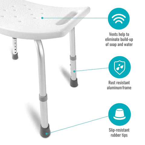 Close-up of Non Slip Aluminum Shower Chair Bath Seat with vented plastic seat, aluminum frame, and slip-resistant rubber tips for tub or shower.