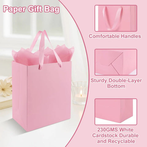 Pink gift bag with tissue paper, silk handles, double-layer bottom from 4 Pack Gift Bags With Handles 8 X 5 X 10 Inch Includes 8 Tissue Paper Color Combo Pink Purple Deep Blue Sky Blue Perfect For Birthday Parties Baby Showers Weddings Mothers Day Fathers Day Favors.