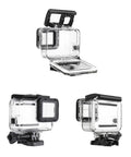 Waterproof Action Camera Housing For Hero 5 6 7 Black With Underwater Filters in open and closed views, included safety tethers