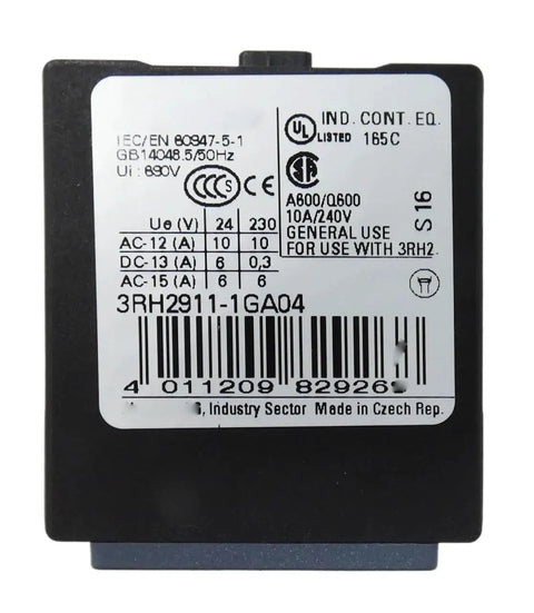 Heavy Duty 4 Normally Closed Auxiliary Contact For Industrial Control Relay Assembly rated 10 Amp at 690 Volt AC, detail view of label.