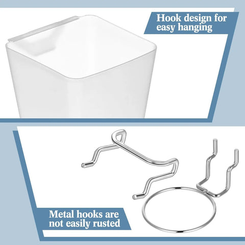Close-up of white translucent pegboard cup and metal hooks from 12 Pcs Pegboard Bins And Cups With Hooks And Loops Pegboard Basket Set.