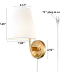 Bedroom Bedside Wall Lamps Set Of 2 Gold Brass Plug In Or Hardwired Wall Sconces With Fabric Shades For Living Room Modern Farmhouse