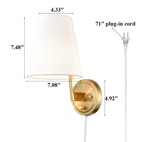Bedroom Bedside Wall Lamps Set Of 2 Gold Brass Plug In Or Hardwired Wall Sconces With Fabric Shades For Living Room Modern Farmhouse