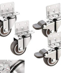 Set Of Four Universal Caster Wheels Featuring Slick 360 Degree Swivel Motion And Hella Smooth Floor Rolling Performance Ideal For Utility Carts Office Chairs And Wooden Cradles Built With Premium Tpe Rubber And Precision Ball Bearings Includes Two - Chrome swivel casters with locking mechanism.