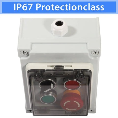 IP67 Waterproof Push Button Switch Box With Emergency Stop And Start Rotary Buttons, Protective Cover, LEDs