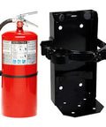 2 Pack 20 Lb Class ABC Fire Extinguisher Kit With Wall Mount Bracket And Status Sign, red extinguisher with black steel bracket.