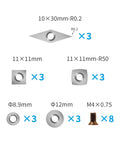 Fifteen Pcs Tungsten Carbide Cutters Inserts Set For Wood Lathe Turning Tools With Five Shapes Including 11 By 11mm Square Radius R50 Square 30 By 10mm Diamond 12mm Round And 8.9mm Round Plus 8 Screws.