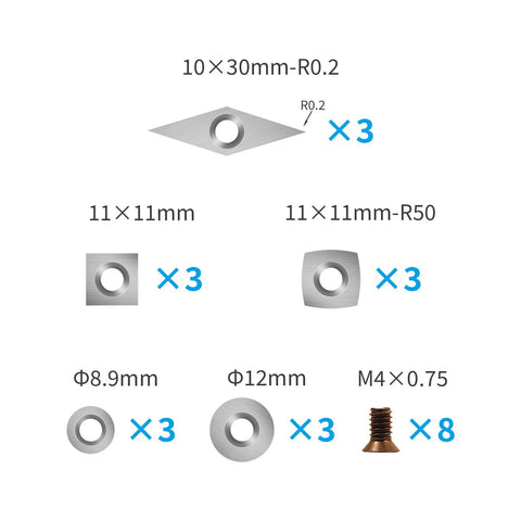 Fifteen Pcs Tungsten Carbide Cutters Inserts Set For Wood Lathe Turning Tools With Five Shapes Including 11 By 11mm Square Radius R50 Square 30 By 10mm Diamond 12mm Round And 8.9mm Round Plus 8 Screws.