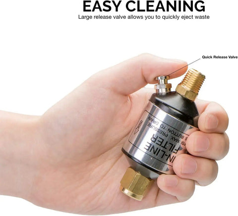 Hand holding Water And Oil Separator For Air Line 2 Pack One Quarter Inch NPT Inlet And Outlet 150 PSI Air Compressor Accessory