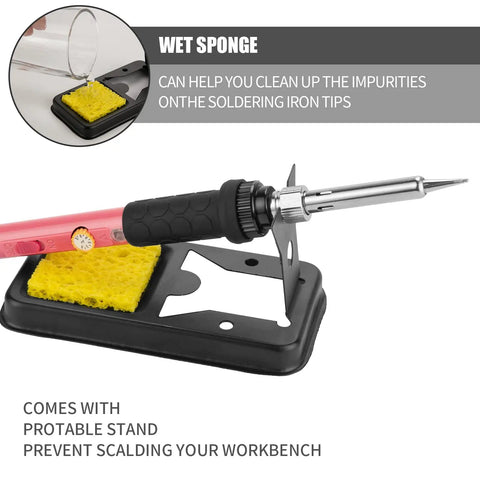 60W Soldering Iron Kit With 5 Interchangeable Tips And 10 In 1 Adjustable Temperature Soldering Tool on stand with sponge