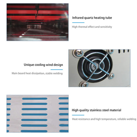 Infrared quartz heating tube, cooling fan, and stainless steel material in 800W Infrared Reflow Oven Soldering Station With Hot Air Circulation For PCB Boards Ideal For SMD SMT BGA Rework Precise Temperature Control Fast Heating And Versatile Soldering Oven