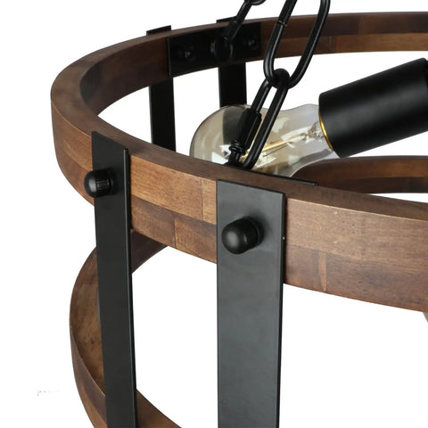 Close-up of Dope Farmhouse Rustic Wood Drum Chandelier With Black Metal Accents, showing wood frame and bulb holder detail.