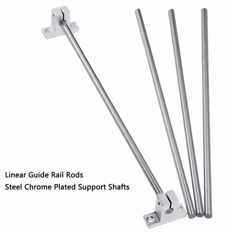 Two Pack 12mm x 300mm Linear Guide Rails Set Chrome Plated Steel Shafts shown with mounting brackets for 3D Printers and CNC Machines.