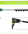 Two 32-inch planting auger bits on a cordless drill; a garden auger for bulbs, fits 3/8 in hex drive, side view