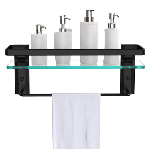 Tempered Glass Wall Shelf with Towel Bar for Bathroom, 15.2 by 4.5 Inches, Wall Mounted Shower Storage with Anodic Oxidation Aluminum Frame